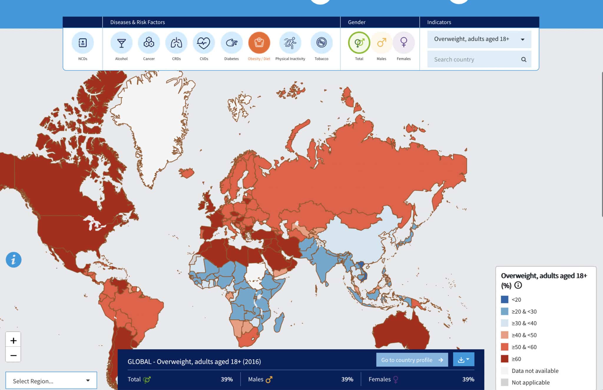 surpoids de l'adulte dans le monde en carte